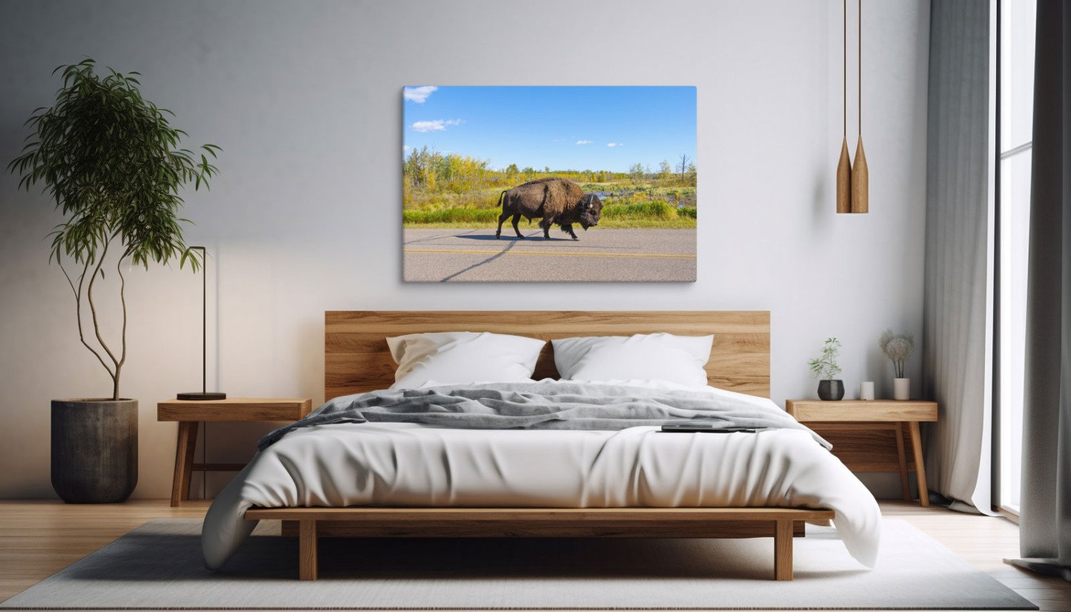 Bison Walking Down Road | Canvas Print