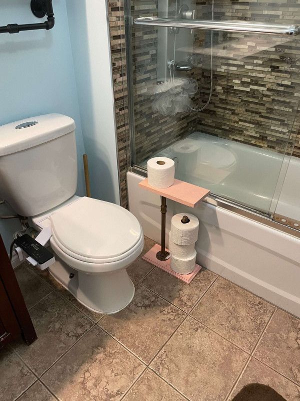 Industrial style freestanding toilet paper holder with dual shelfs