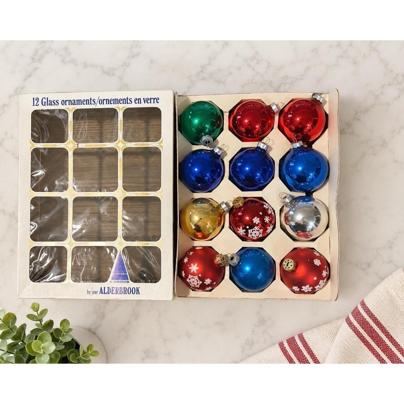Vintage Alderbrook Glass Christmas Ornaments Set 12 2.5" MCM Snowflake Boxed
