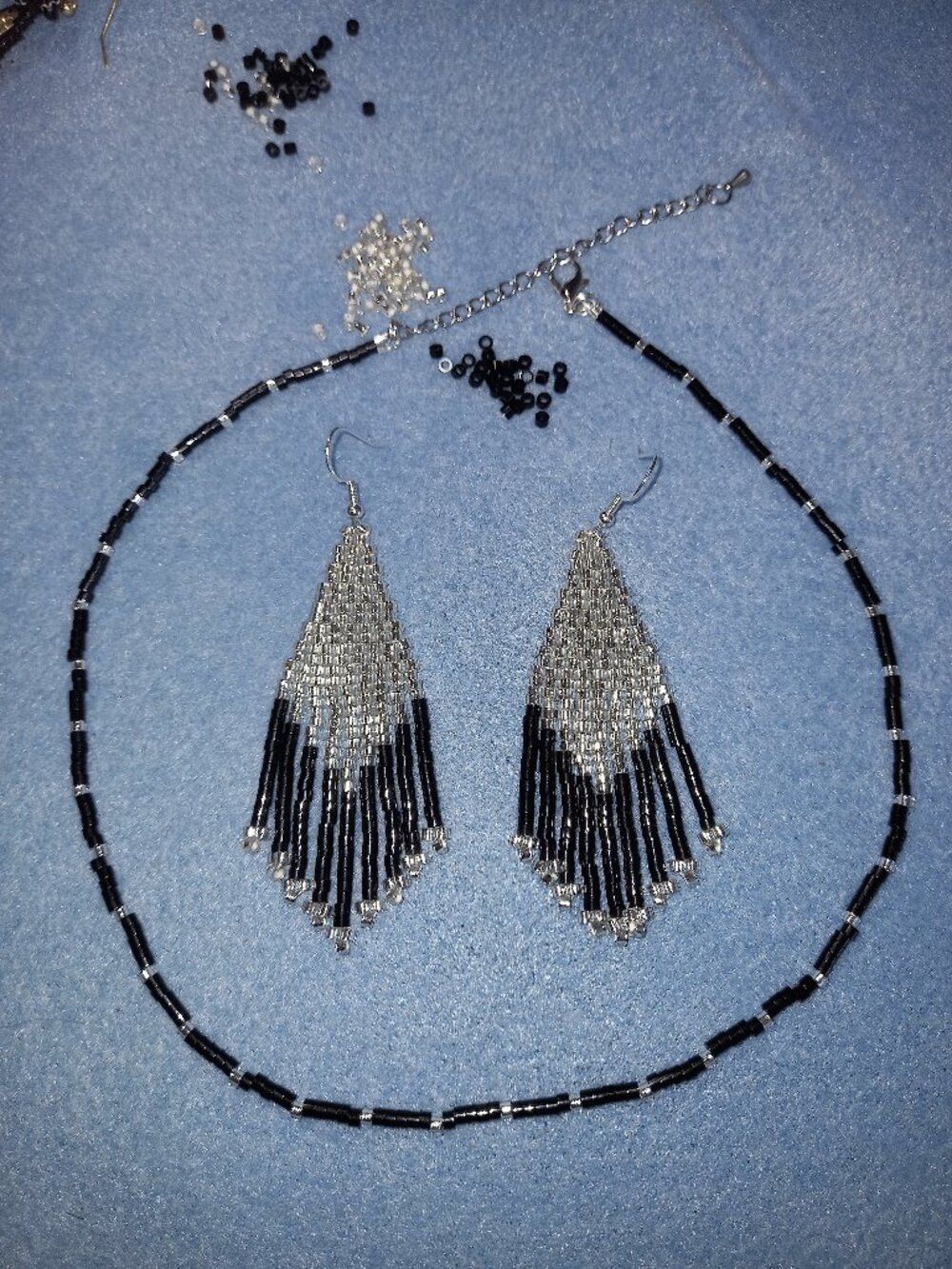 NWT Handmade Beaded Jewelry Set Silver Black Fringe Earrings Choker