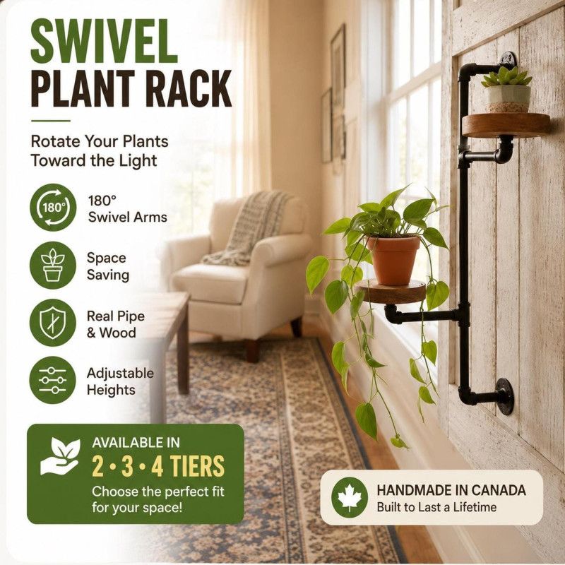 Swivel plant shelf, 2 tier wall mount rack, industrial pipe