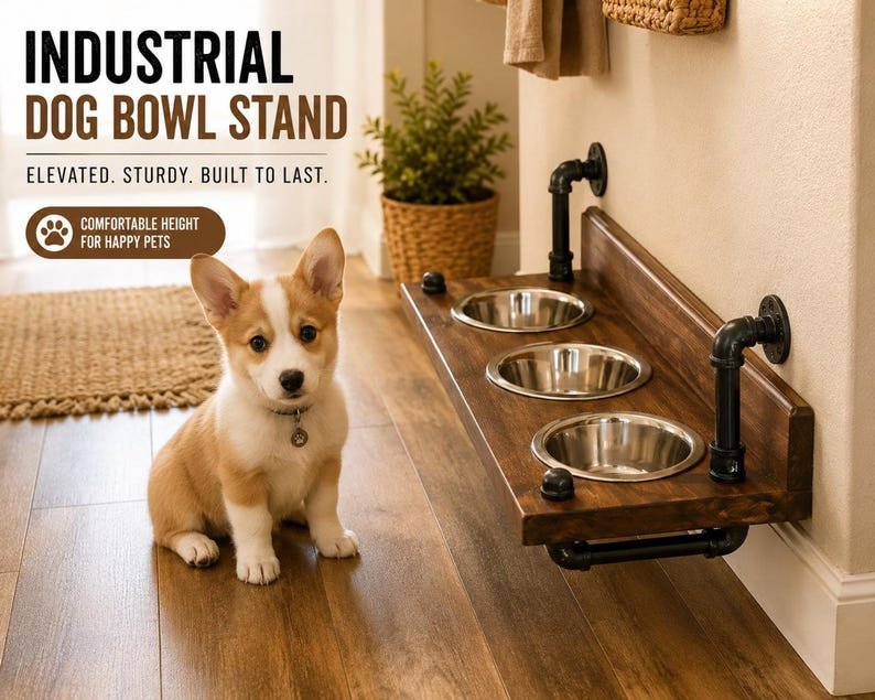 Floating dog bowl stand, knotty pine feeder, rustic wall shelf
