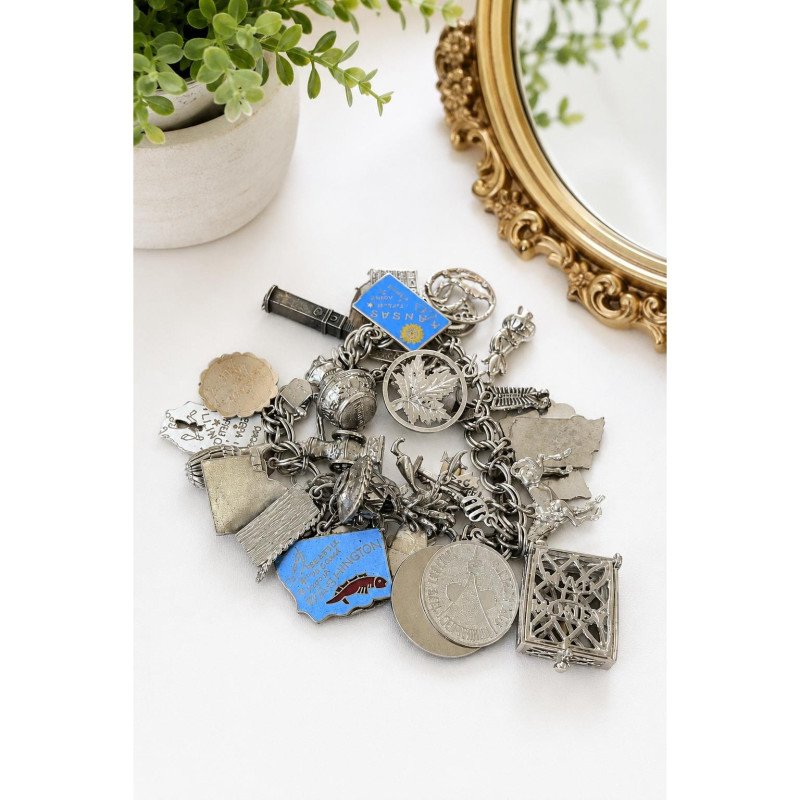 Vintage Silver Tone Charm Bracelet 30 Owl Horse Travel Americana Eclectic Quirky