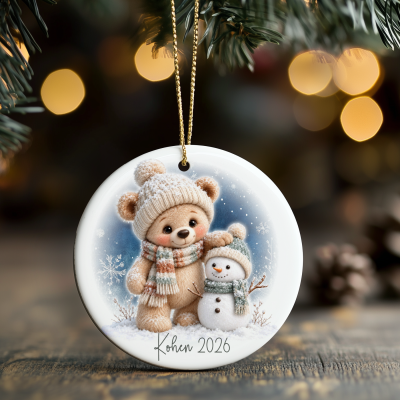Personalized Name and Year Christmas Ornament - Winter Teddy Bear Design 1