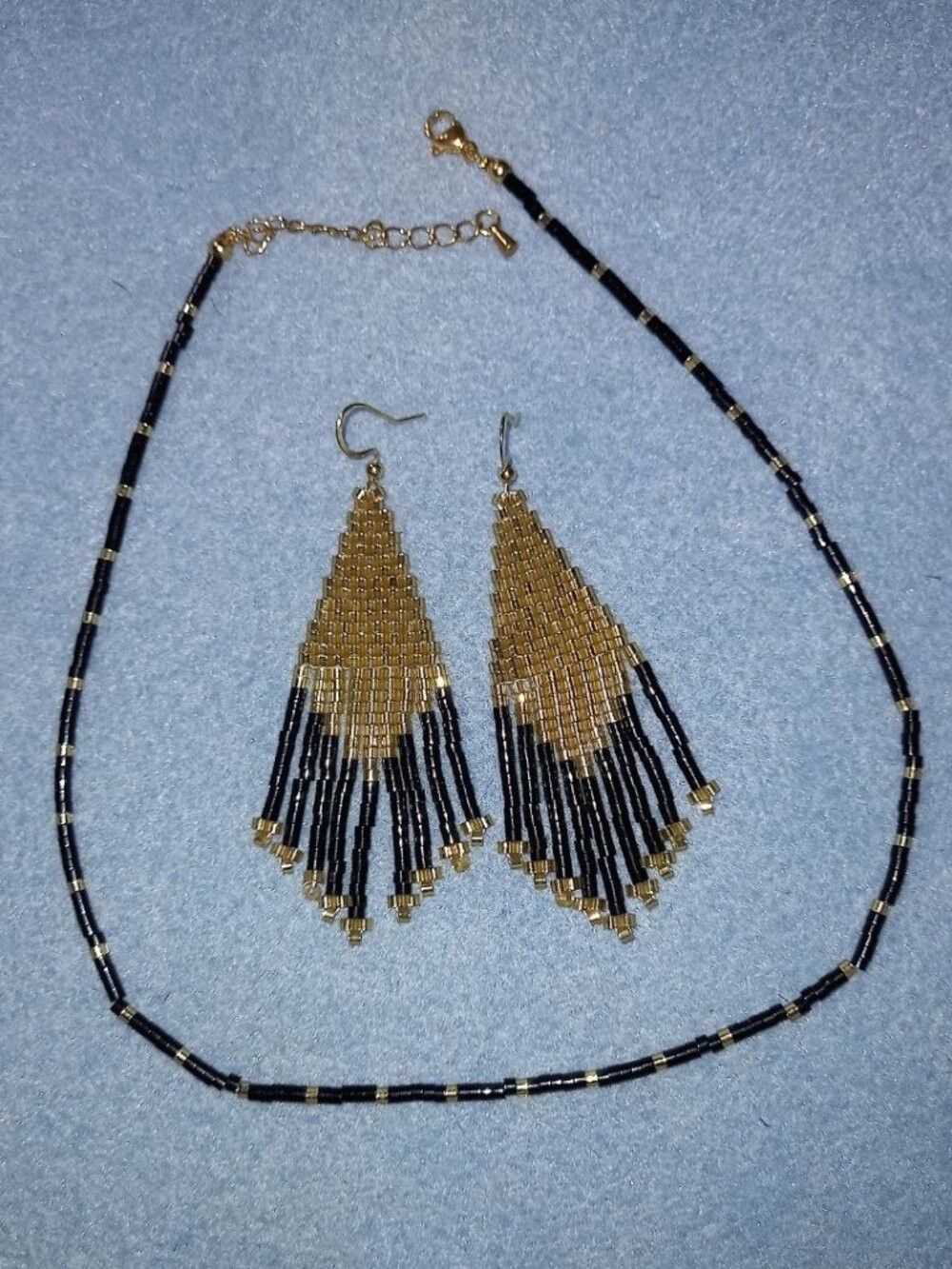 NWT Handmade Beaded Jewelry Set Gold Black Fringe Earrings Choker