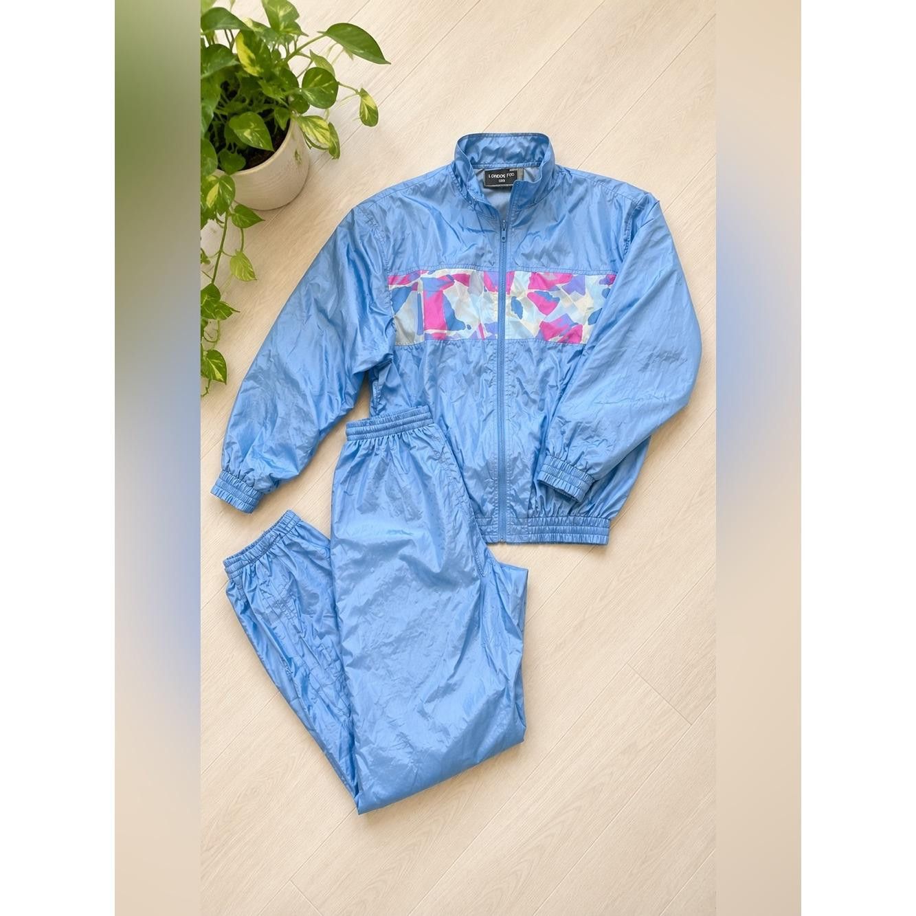 London Fog Vintage 80s 90s Nylon Tracksuit Set Powder Blue Abstract Warm Up Suit
