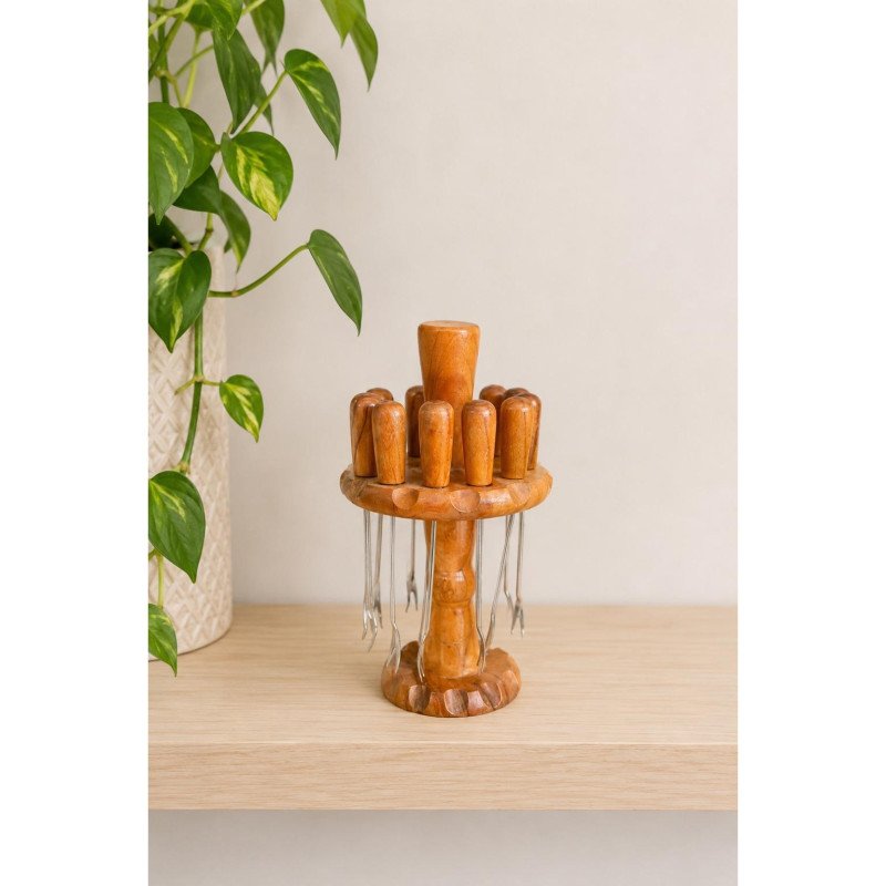 Vintage 60s Artesania Cocktail Picks Set Olive Skewers Wooden Holder Charcuterie