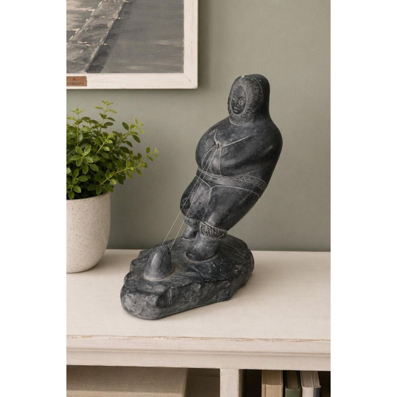 Vintage Abbott Canada Soapstone Inuit Seal Hunter Fisherman Sculpture MCM Statue