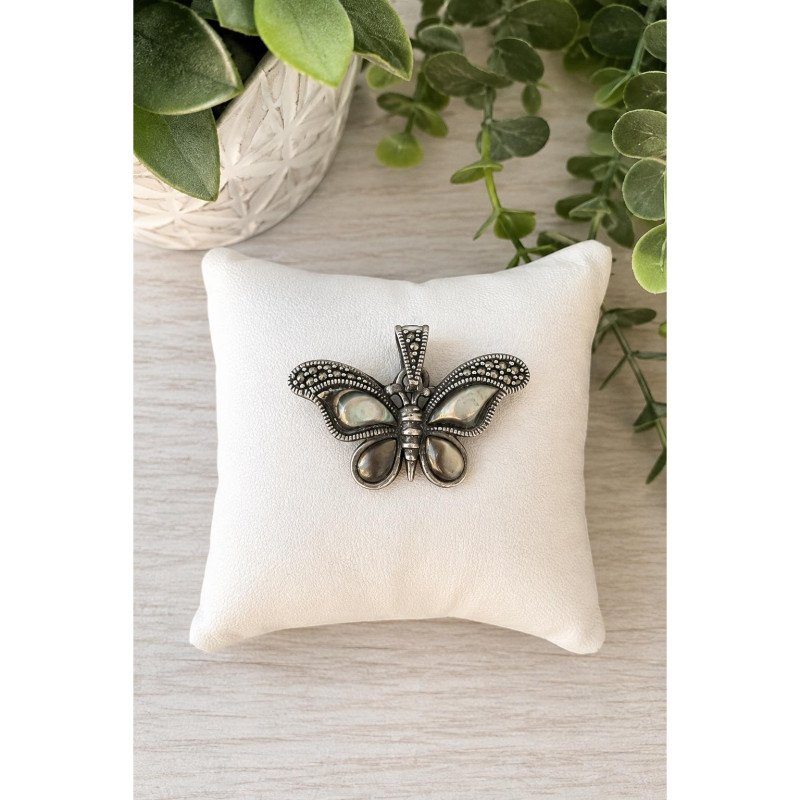 Vintage 925 Sterling Silver Butterfly Pendant Mother of Pearl Marcasite Romantic