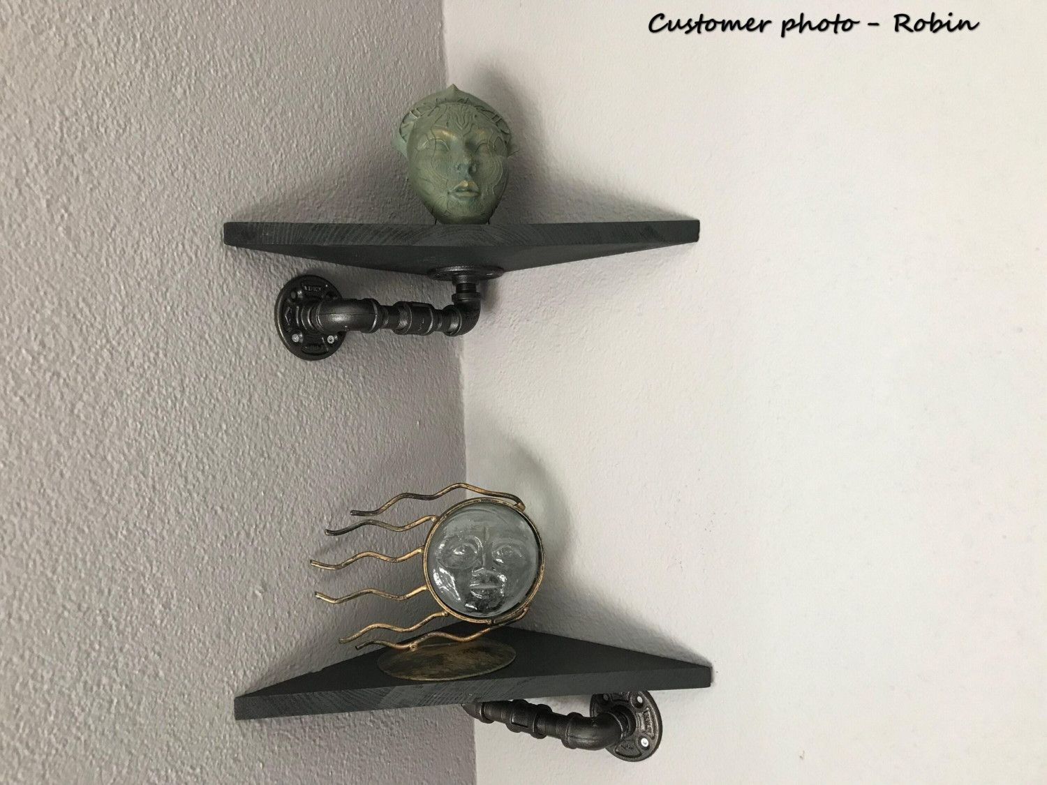 Industrial Corner Shelves SET – Floating Knotty Pine Shelf with Pipe Brackets