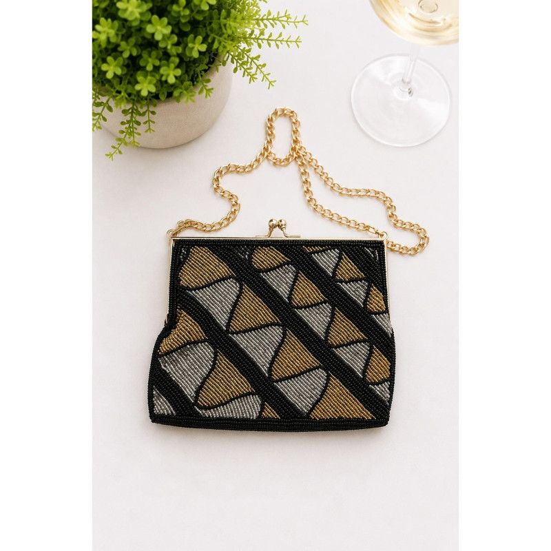 Vintage La Regale Black Gold Silver Beaded Art Deco Kiss Lock Evening Clutch