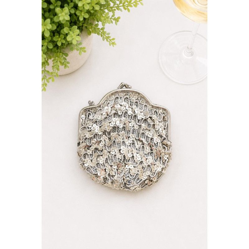 Vintage 1960s Silver Sequined Kiss Lock Cocktail Purse Retro Evening Handbag