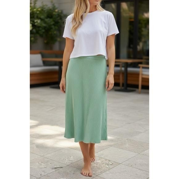 Vintage Pistachio Green Pleated Midi Skirt Soft Spring Skirt Cottagecore Minimalist Fashion