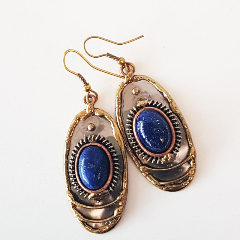 Lapis Lazuli dangle earrings in a silver, bronze & copper mixed metal design. Medieval bohemian aesthetic with cobalt blue lapis stones.