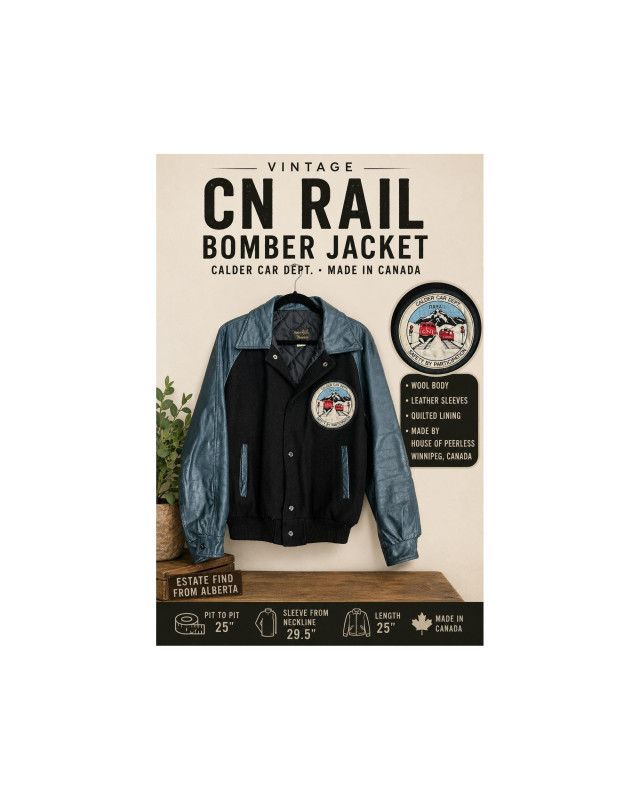Vintage CN Rail Calder Car Dept Leather Wool Bomber Jacket Canada Railroad 90s