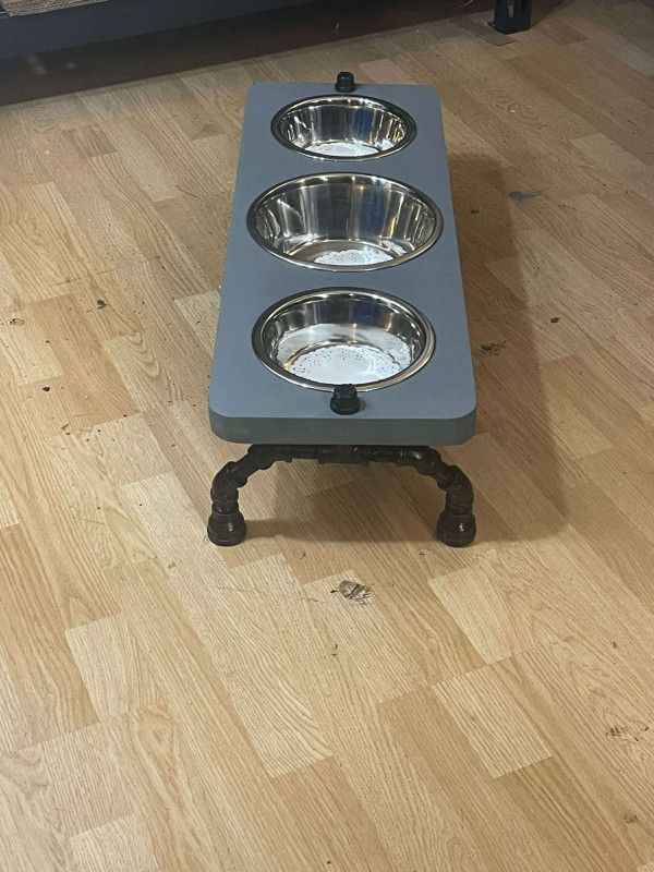 3 bowl Industrial style Raised Dog or cat bowl stand with pipe legs – NEW LOWER PRICE!