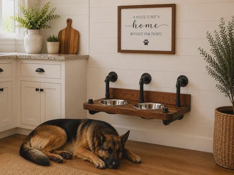 Steampunk Floating Dog Bowl Feeder: Elevated Rustic Industrial Style