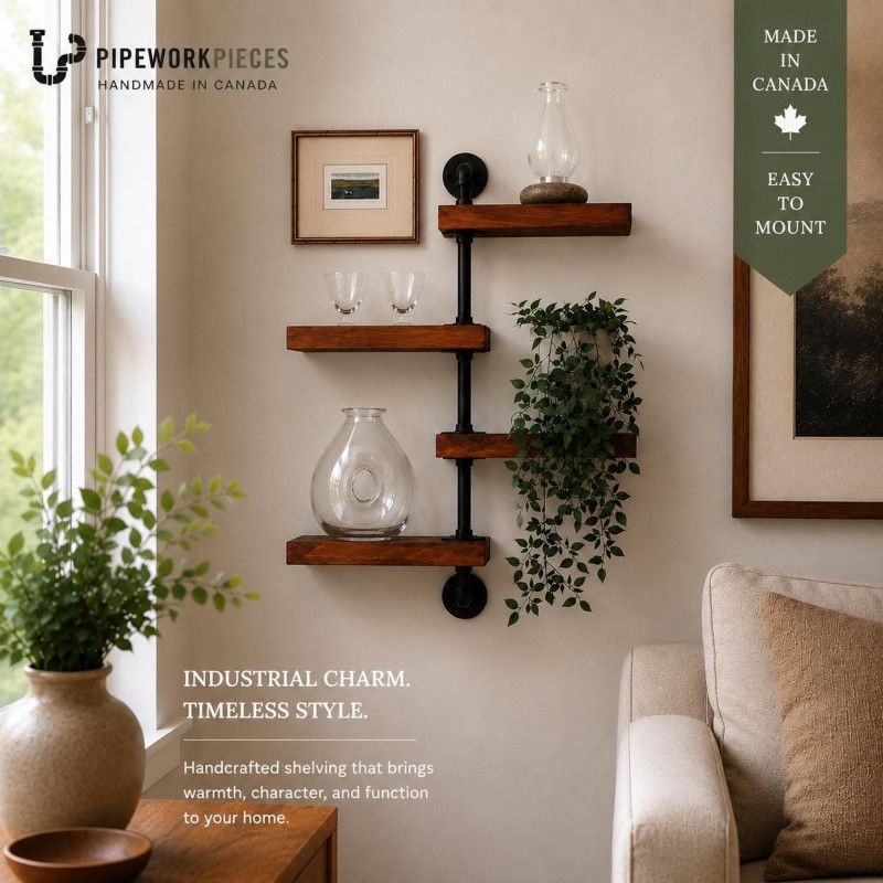 4 Tier Bar Shelf, Industrial Wall Mount Bar, Wood Decor