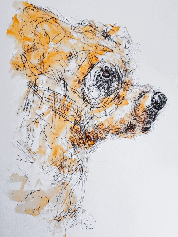 Scribble Pup Coffee and Ink Watercolor Painting