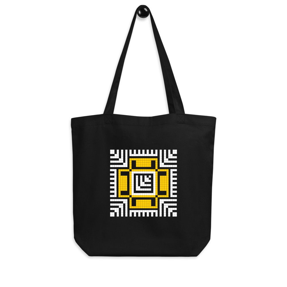 Yellow Moon Feathers (Qamar Alreesh) & Falastin Double Sided Print Black Eco Organic Cotton Tote Bag