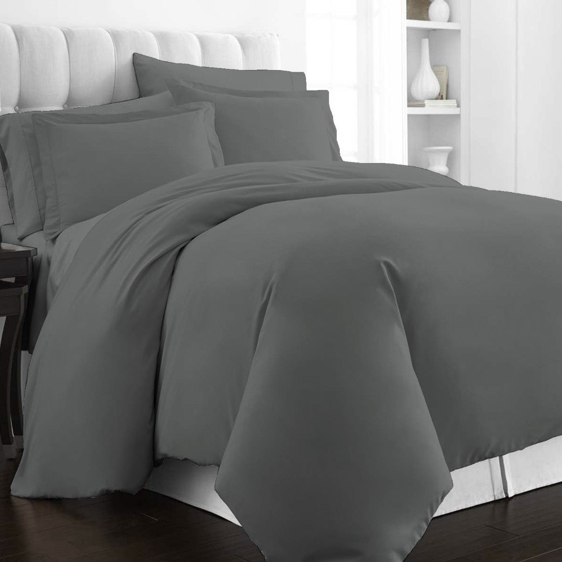 Pizuna 400 Thread Count Cotton Duvet Cover Set 3 Pc-Dark Grey-Queen Full