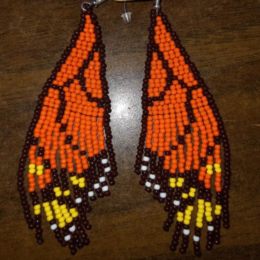[MAKE TO ORDER] Monarch Butterfly Wing Beaded Earrings - Brick Stitch & Fringe