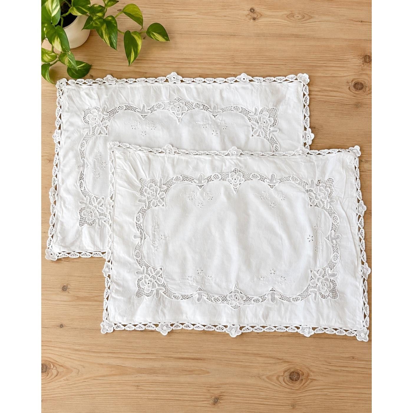 Vintage White Eyelet Lace Pillowcase Set Floral Embroidery Cotton Shams 2pc