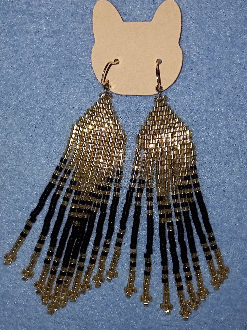 Long Gold & Black Beaded Fringe Earrings - Cascading Statement Dangles