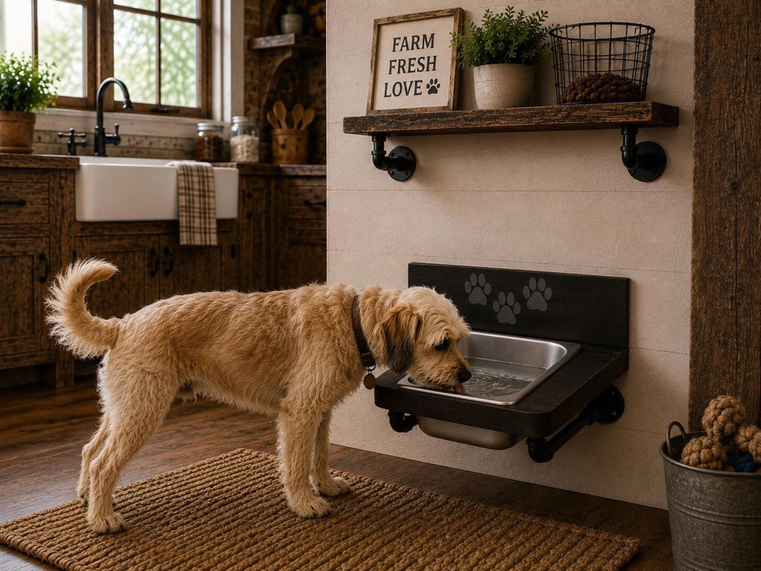Wall Mount floating water bin – Dog Water and Food Feeder: Knotty Pine, Industrial Style