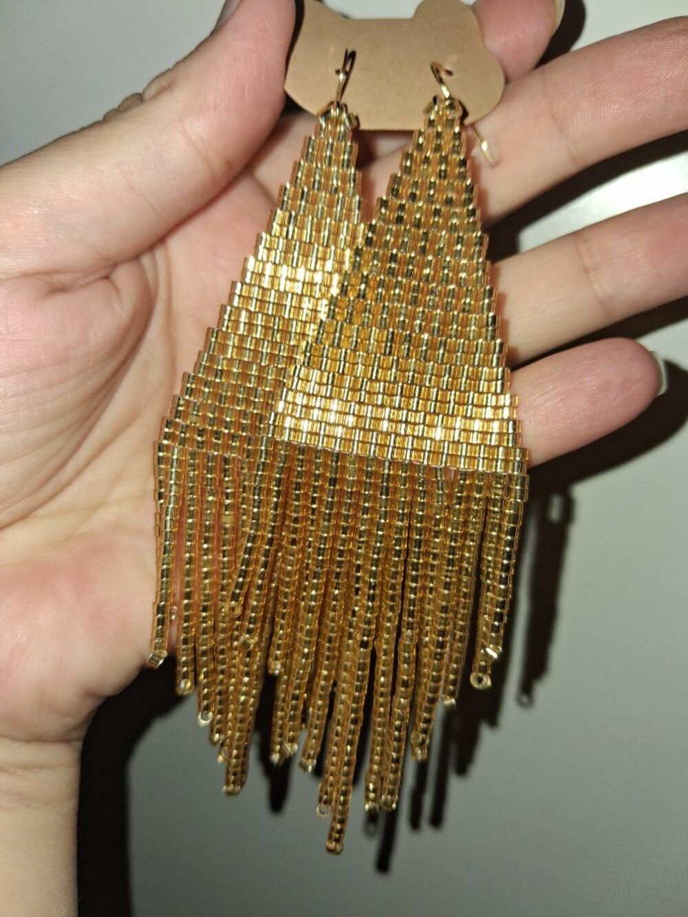 Liquid Gold Metallic Beaded Fringe Earrings - Handmade Statement