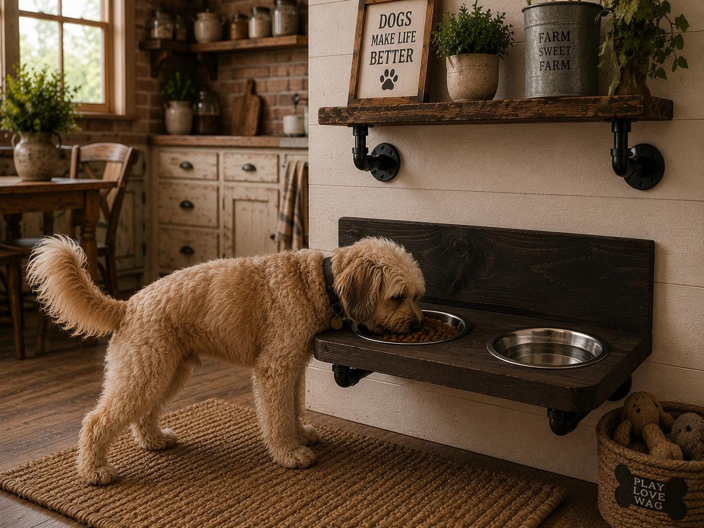 Floating steampunk dog bowl stand with gauges and shutoff valve