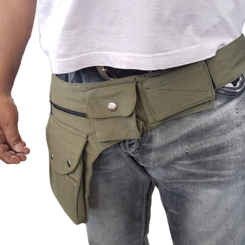 Utility festival pocket belt. Gender neutral hip belt bag. Adjustable to 48 inches. 7 pockets. Great for outdoor activities & events.