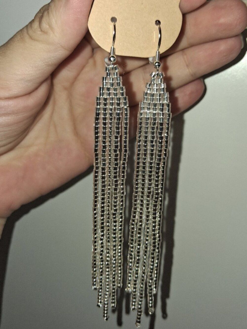 NWT Handmade Beaded Silver Fringe Earrings Liquid Metal Long Statement