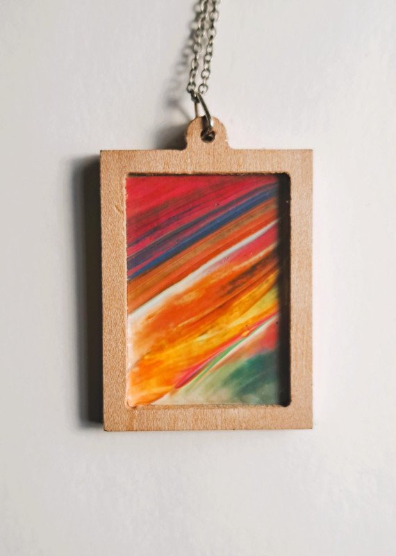 Mini Abstract Sky Stripes Acrylic Original Painting in Hand Cut Wood Pendant