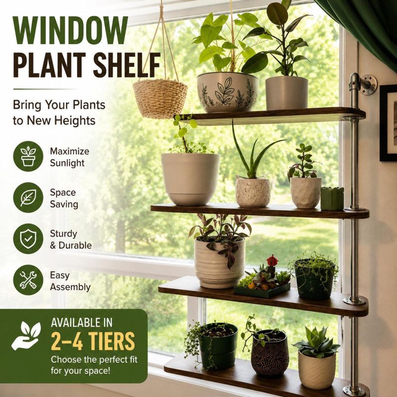 Swivel Window Plant Shelf, Knotty Pine Wood, Adjustable Tiers