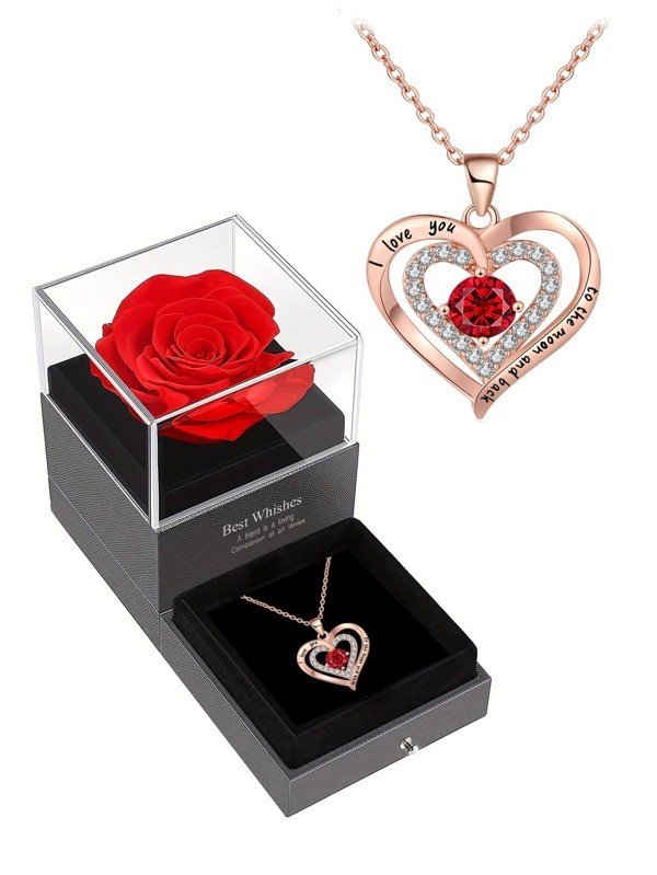 1pc Red Rose Gift Box With Inscribed Pendant Necklace, Perfect For Mother's Day, Birthday and Anniversary