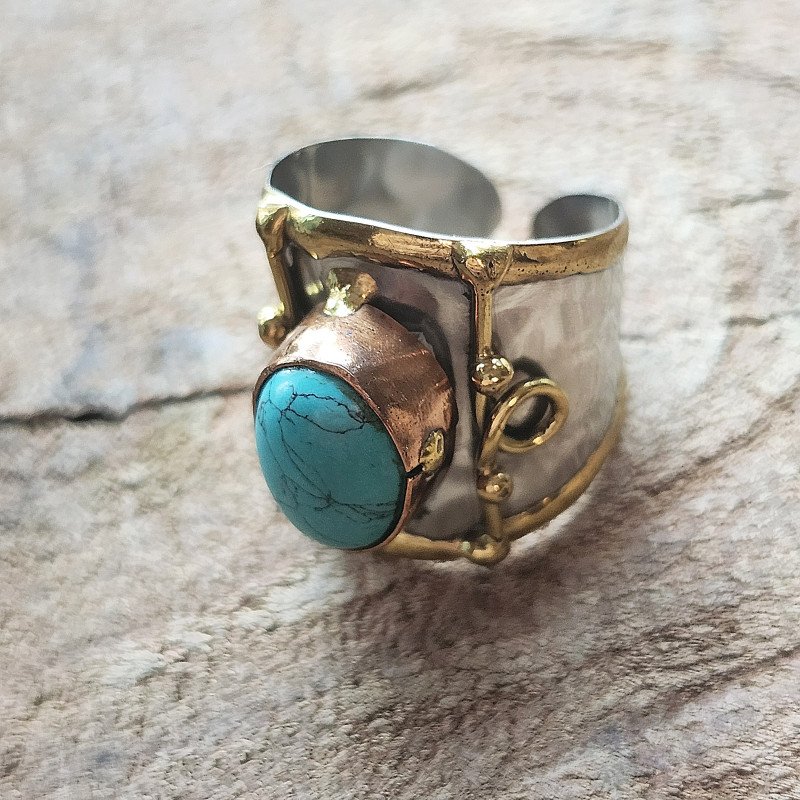 Silver Artisan Handmade Turquoise Gemstone Ring. Adjustable fit. Medieval Aesthetic Poured Brass Overlay Motif. Unique & One of a Kind.