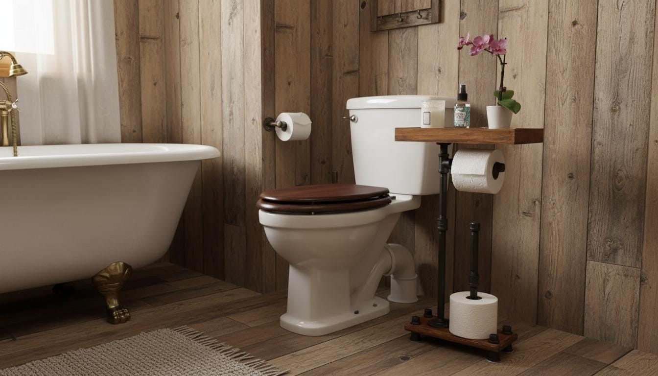 Industrial Style freestanding toilet paper holder with dual shelf