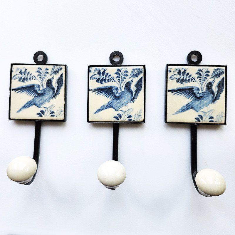 Set of 3 Vintage Style Delft Blue & White Home Decor Wall Hooks. 17th Century Aesthetic Bird of Paradise Design on Parchment Tone Ceramic.