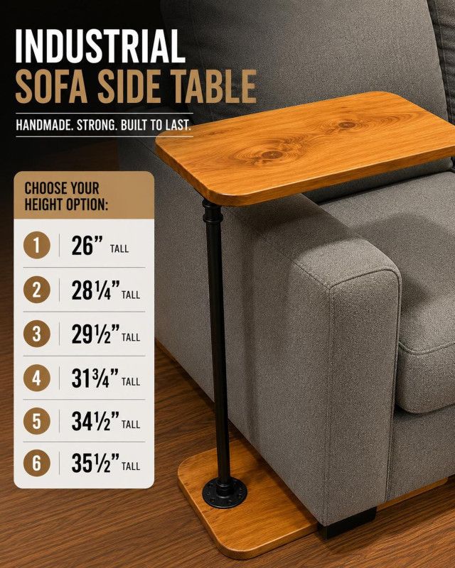 Swivel Under Sofa C Table, Rustic Wood, Industrial Metal End Table