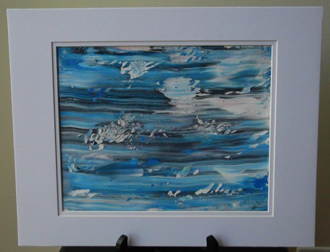 Wall Art Original Abstract Winter Blue Acrylic Painting in White Mat