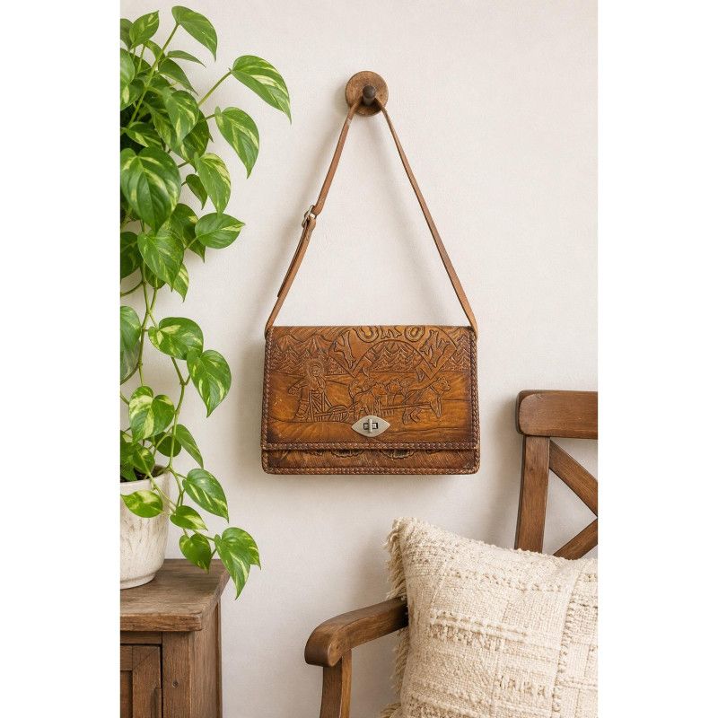 Vintage Tooled Leather Yukon Purse Dog Sled Scene Floral Handbag Rustic Western Boho