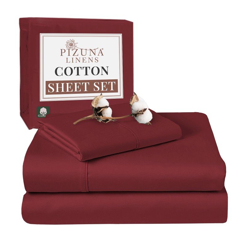 Pizuna 400 Thread Count Cotton Sateen Weave Sheet Set-4pc-Red Burgundy-Queen