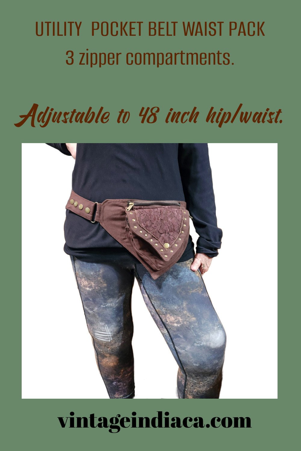 Dark Brown Utility Pocket Hip Belt. Adjustable to 48 inches waist/hip. Large 7 by 7 inch  front zipper pouch. 2  hidden zip compartments.