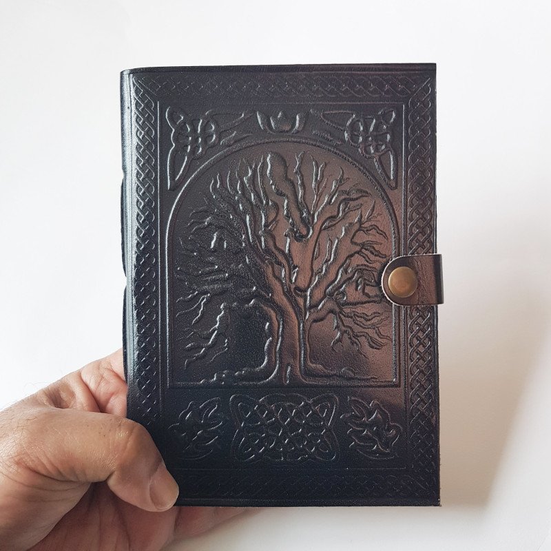 Leather bound diary journal. Embossed black leather notebook medieval design Celtic tree of life. Rustic vintage grimoire 5 by 7 inches.