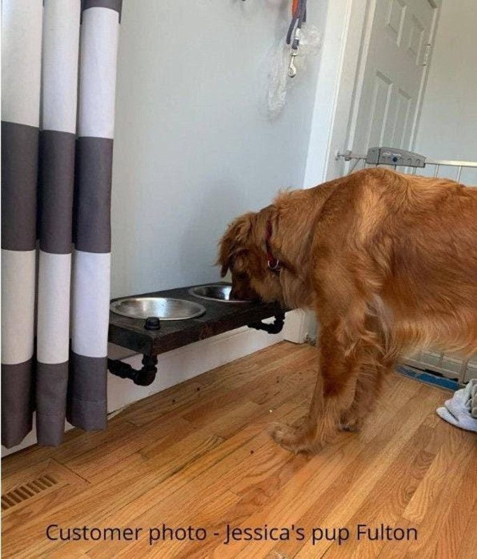 Floating Dog Bowl Feeder, Wood And Pipe Rack Stand