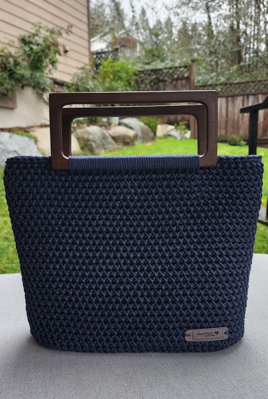 Handcrafted Deep Blue Crochet Tote / Wooden Handles / Unique Design