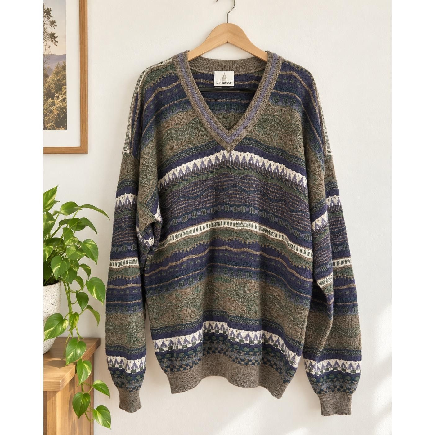 London Fog Mens 2XT V-Neck Knit Sweater Geometric Wave Pattern 3D Grandpa Core