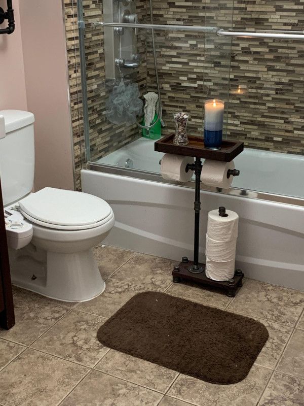 Industrial Style freestanding 5 roll toilet paper holder with closed storage tray