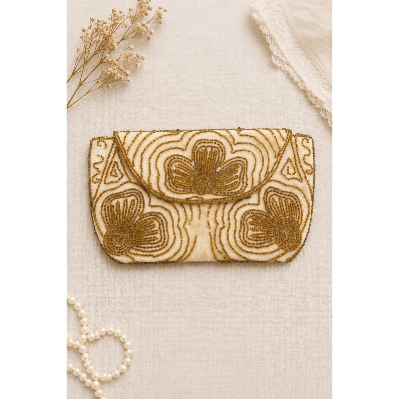Vintage Hudson's Bay Belgium Beaded Evening Bag Satin Gold Floral Clutch Purse